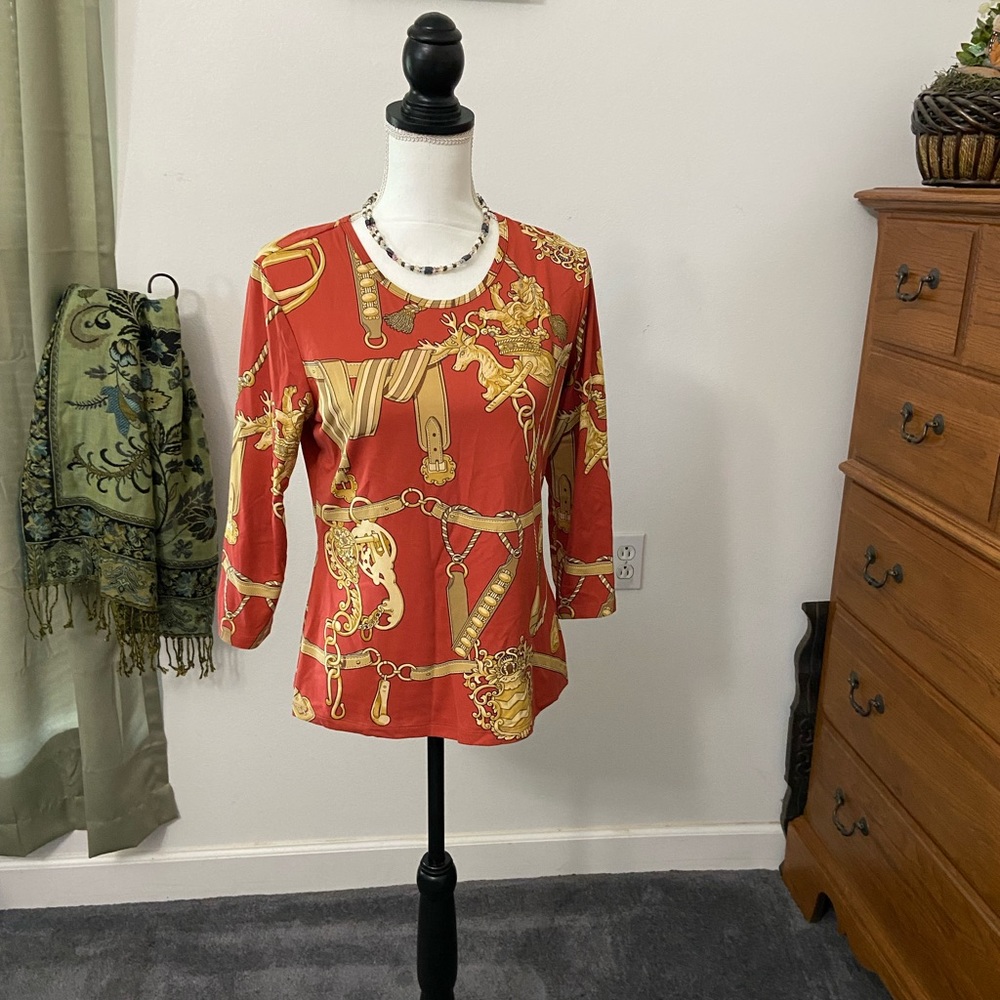 J McLaughlin Top 3/4 Sleeve Rusty/Gold Print Med